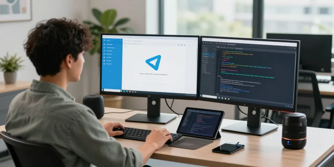 Optimized Telegram download tech workspace with dual monitors displaying app interfaces.