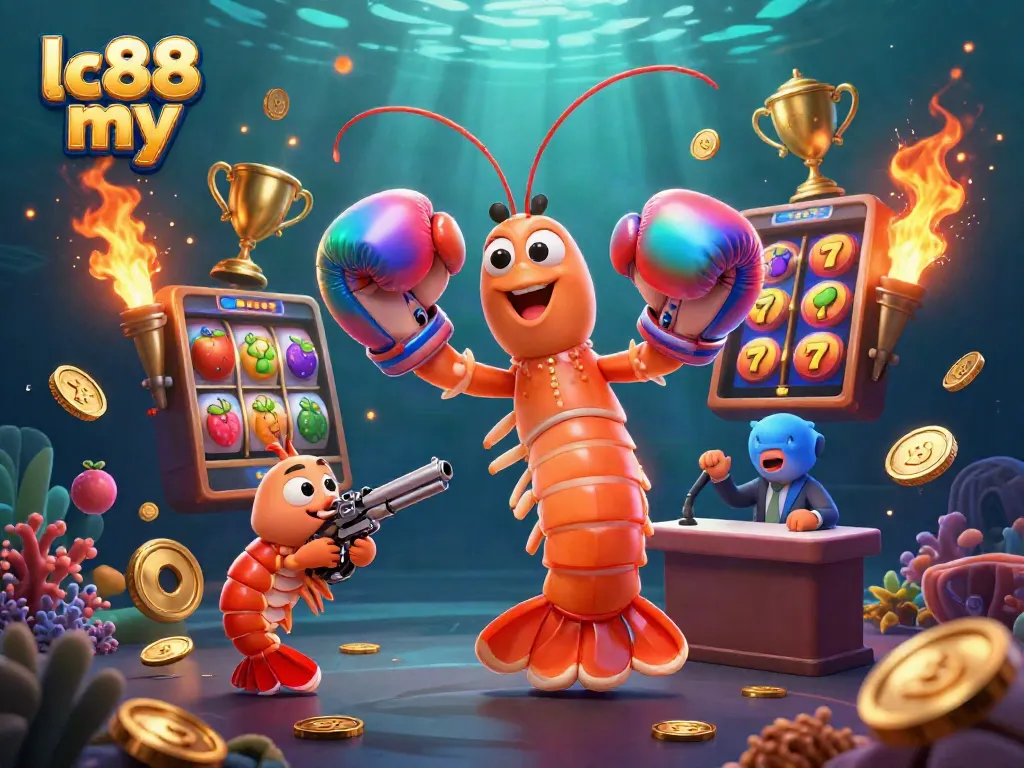 Engage with lc88 my through a vibrant illustration of spirited casino characters amid dynamic slot games.