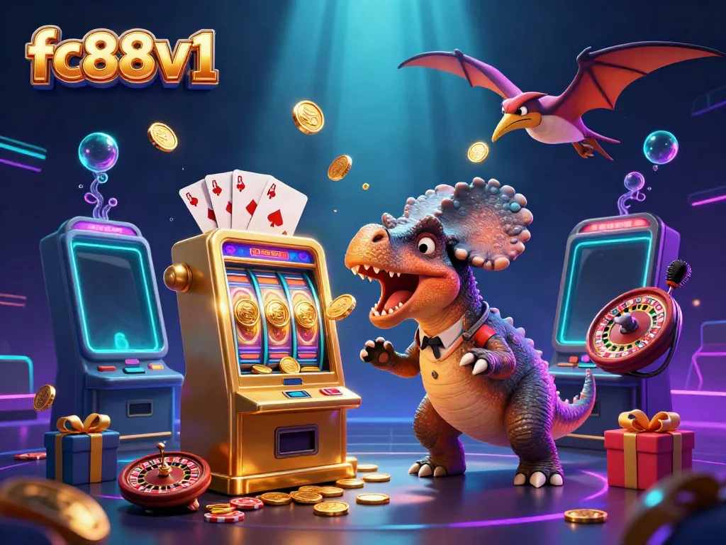 Experience the excitement of fc88v1 as a dinosaur interfaces with a golden slot machine amidst a vibrant casino scene.