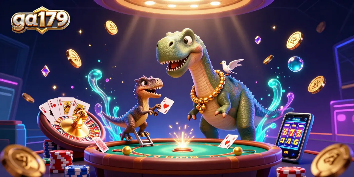 Engage with the exciting world of ga179 as a brontosaurus oversees a vibrant casino scene filled with action.