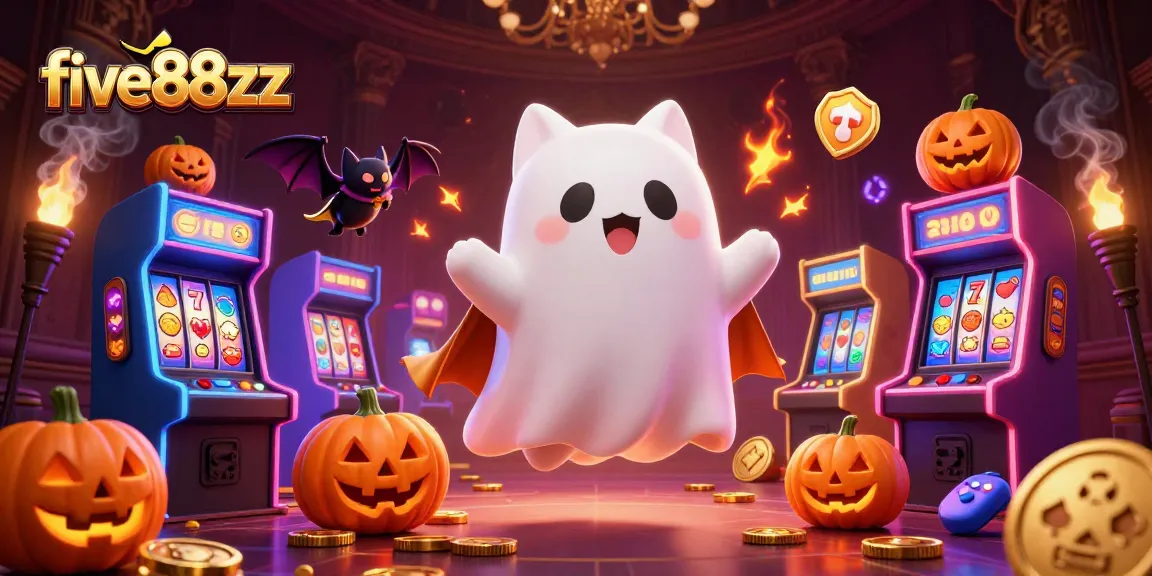 Join five88zz's exciting haunted casino adventure with a ghost cat and vampire bat in a vibrant scene.