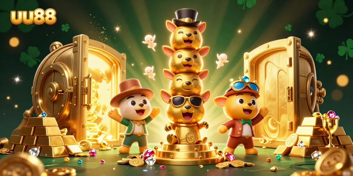 Win big with uu88: A vibrant 3D casino scene featuring a dynamic golden totem among treasure and jewels.