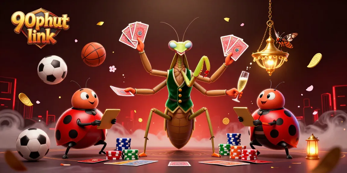 Experience the thrilling 90phut link with a vibrant scene of sports betting, featuring a giant mantis and ladybug characters.