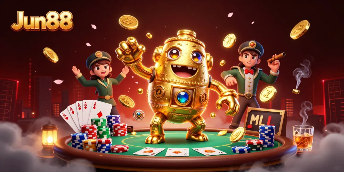 Experience winning moments with Jun88's dynamic casino adventure featuring a gold golem and poker elements.