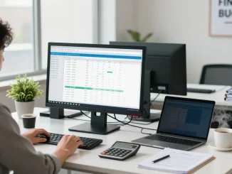 Accountant engaged in small business accounting with financial documents and software