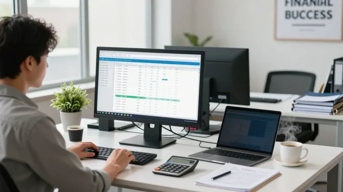 Accountant engaged in small business accounting with financial documents and software