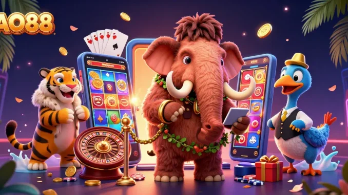 Experience excitement at AO88's casino with vibrant characters and playful gaming elements.