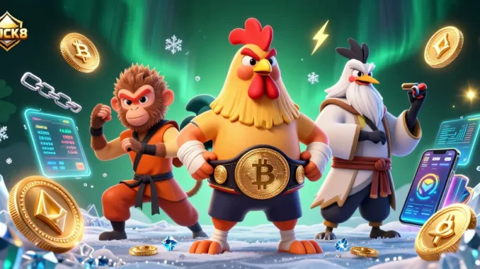 Experience the thrilling gameplay at LUCK8 with vibrant characters and crypto elements in a dazzling setting.