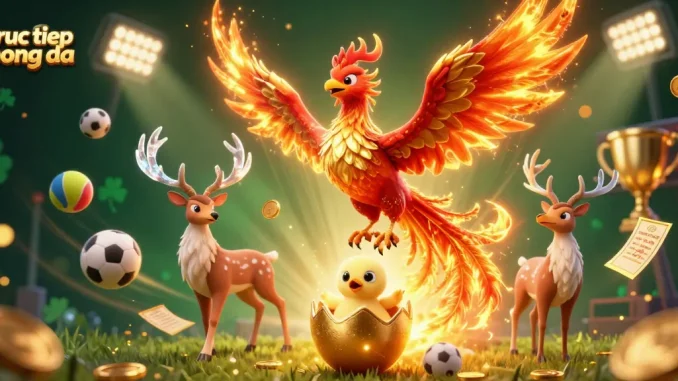 Experience truc tiep bong da through a vibrant 3D scene with phoenixes and sports elements.