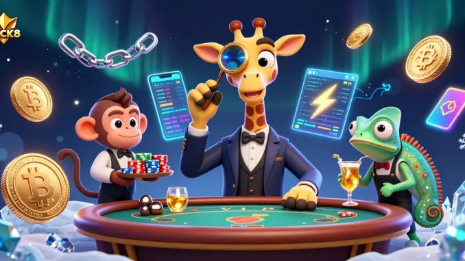 LUCK8 offers exciting online gaming with a vibrant scene, featuring a high-roller giraffe at a poker table.