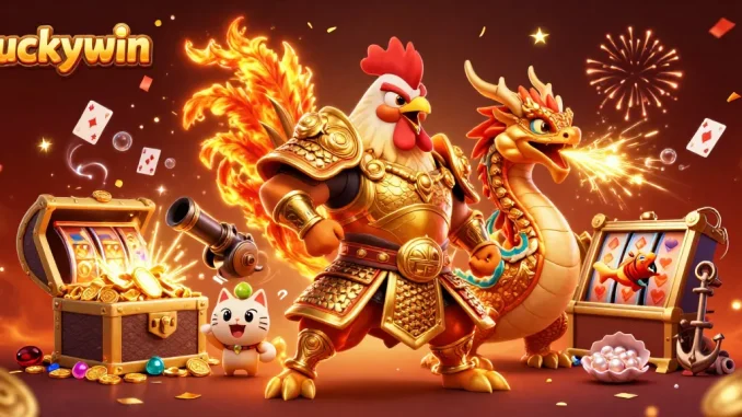 Engage in gaming excitement with luckywin's rich visuals of a rooster warrior and dragon hatchling amidst casino treasures.