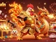 Engage in gaming excitement with luckywin's rich visuals of a rooster warrior and dragon hatchling amidst casino treasures.