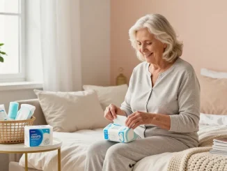 Supportive woman unpacking incontinence supplies in cozy bedroom setting.