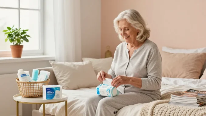 Supportive woman unpacking incontinence supplies in cozy bedroom setting.