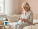 Supportive woman unpacking incontinence supplies in cozy bedroom setting.
