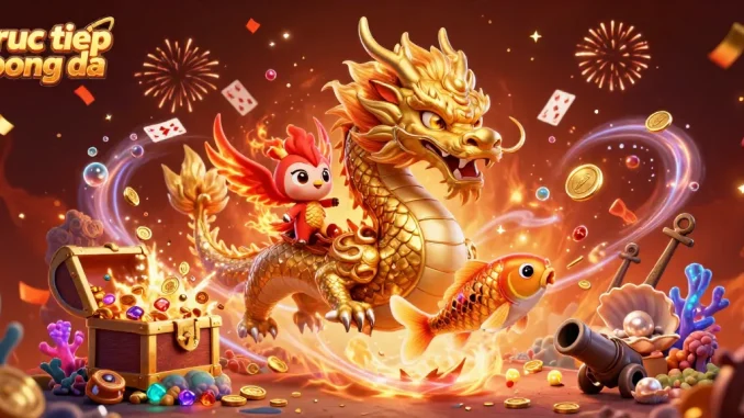 Watch truc tiep bong da unfold with dynamic action from a golden dragon, phoenix, and koi fish amidst treasures.