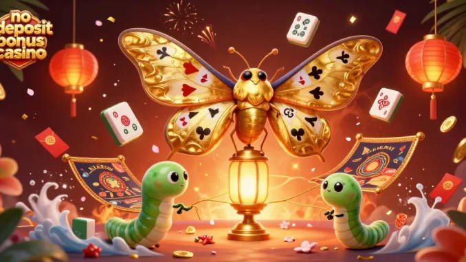 Experience excitement with no deposit bonus casino offers, featuring vibrant casino elements and a majestic moth.
